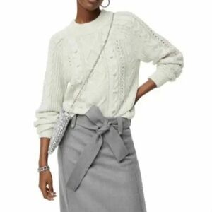 J. Crew Azra Creamy Ivory Crewneck Cable Knit Pullover Sweater Lambswool Blend